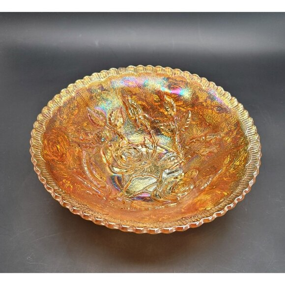 Carnival Glass Bowl Marigold Orange Imperial Rose Round Iridescent JJ1548 - Picture 2 of 10